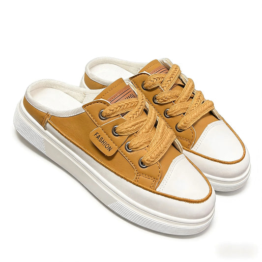 Platform Slip-On Backless Canvas Sneakers, Women's Casual Mule Shoes, Closed Toe Lace-Up Walking Footwear