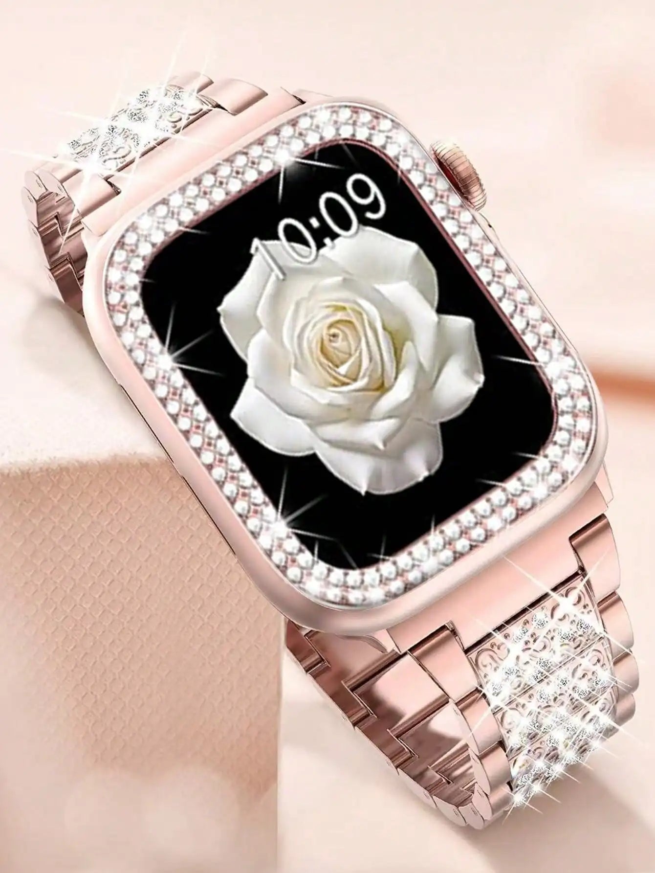 Pink Shiny Diamond Metal Strap & Bling Protective Case 2Pcs Set for Apple Watch, Women Luxury Jewelry Accessory, S(38/40/41) M(42/44/45/49) L(S10/S11 42) XL(S10/S11 46), Compatible with Ultra3/Ultra2/Ultra, SE3/SE2/SE, Series