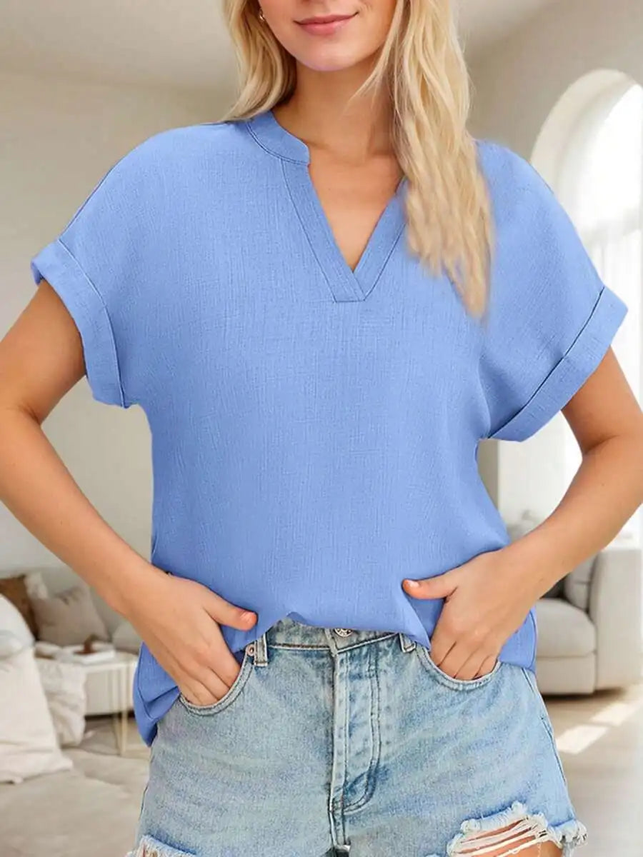 Women Non-Stretch Woven V Neck Casual Short Batwing Sleeve Blouse