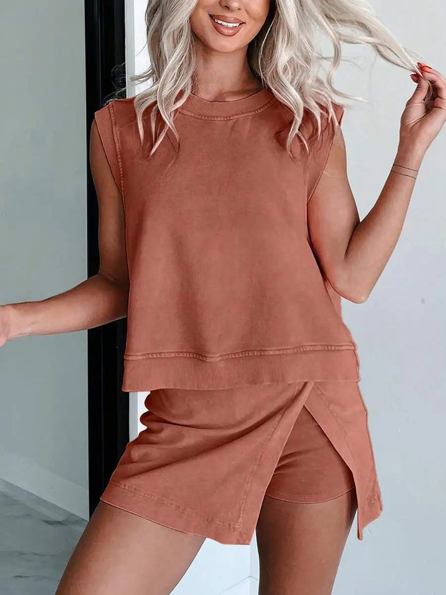 2 Piece Women Summer Activewear Set Cotton Sleeveless Top And Shorts Casual Sportswear Outfit