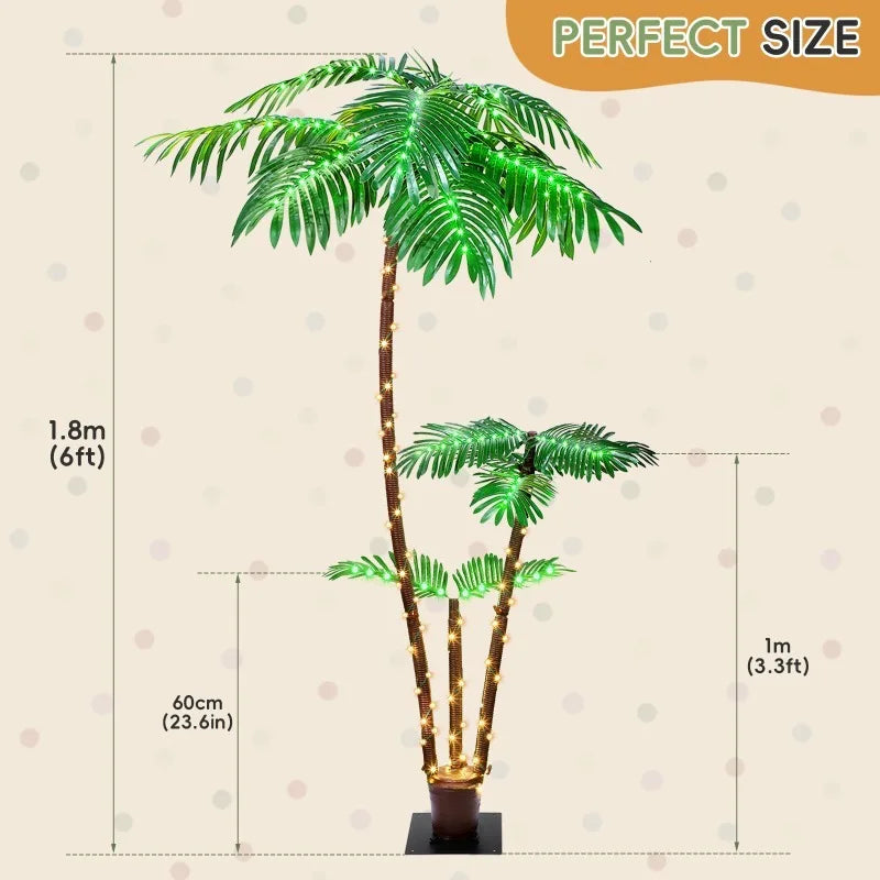 Solar-Powered LED Palm Tree Decor – 6 ft or 7 ft Artificial Tropical Tree with 8 Light Modes, Weather-Resistant Outdoor Decorati
