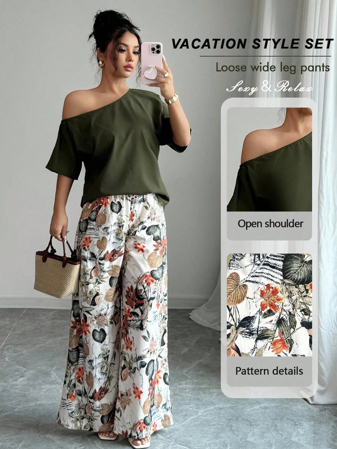 Vacation Style 2pcs Set Women Asymmetrical Neck Blouse Floral Wide Leg Pants