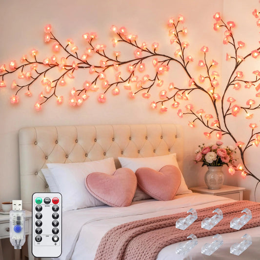 Cherry Willow Vine Lights for Kawaii Room Decor, 72LEDS Pink Cherry Blossom Tree Branch Lights for Wall, Remote Timer, 8 Modes, Bedroom Doors Wedding Christmas Decor, USB