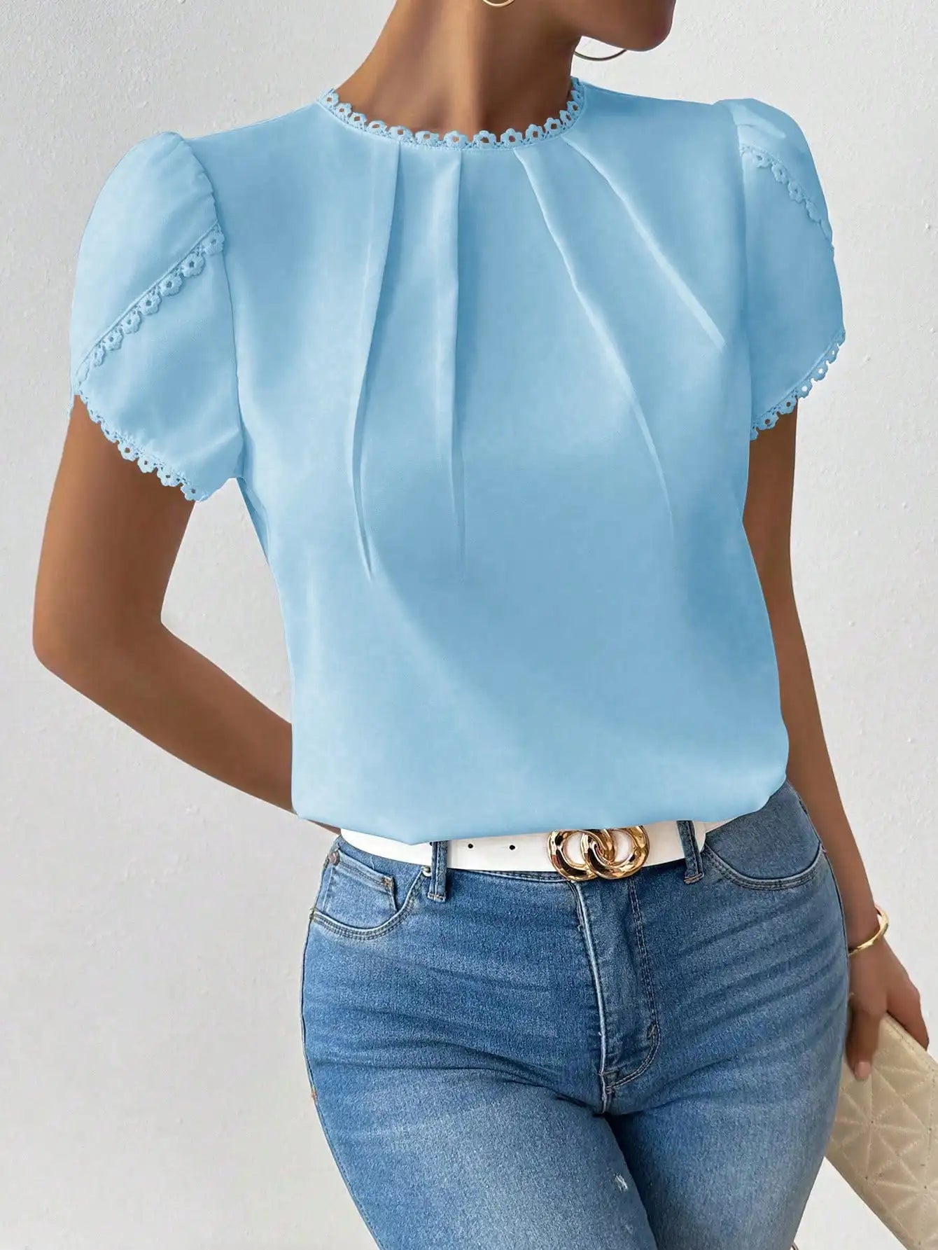 Women's Striped Ruffled Collar Petal Sleeve Blouse