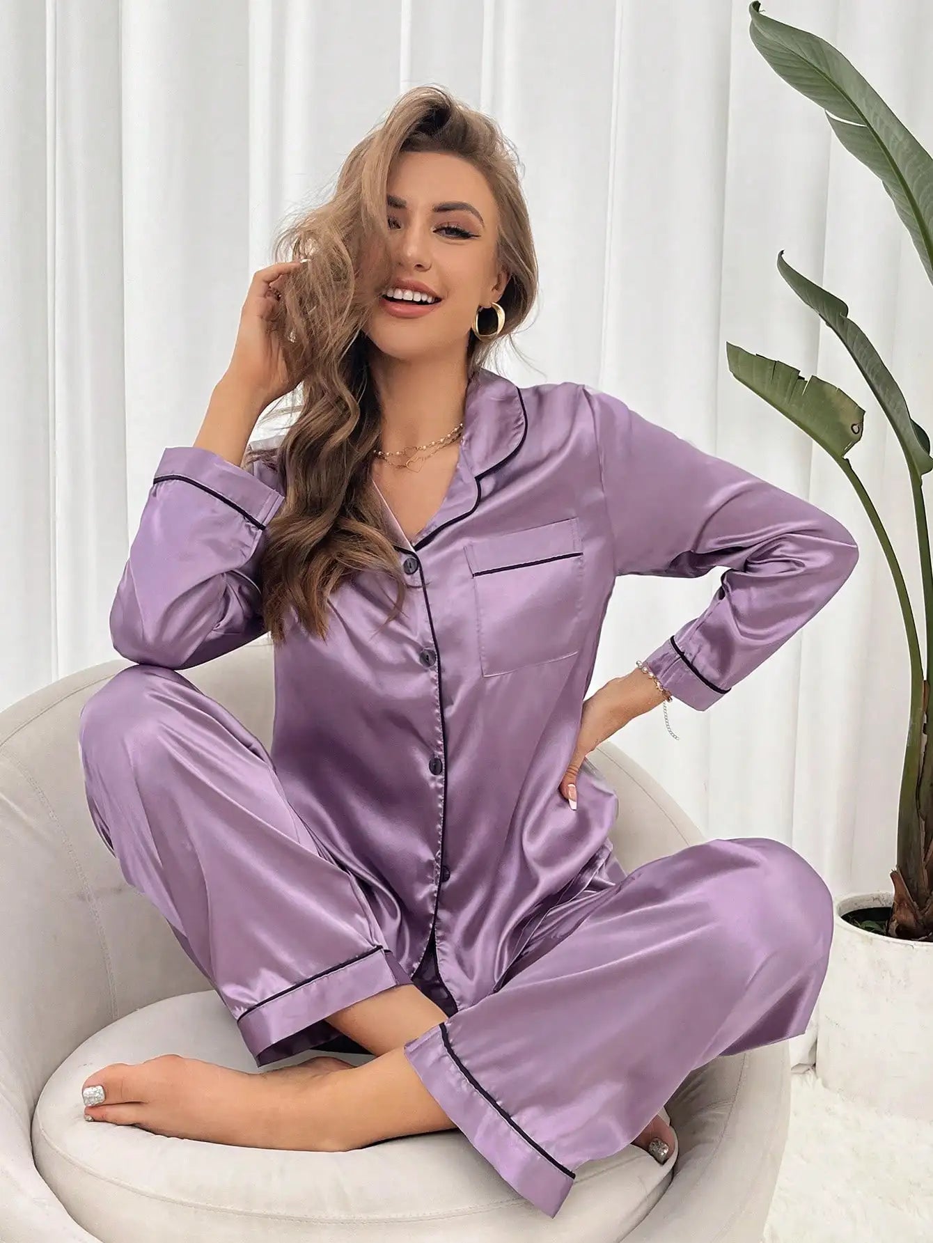 Women's Satin Pajama Set with Contrast Trim Long Sleeve Top and Wide Leg Pants for Cozy Lounge Wear