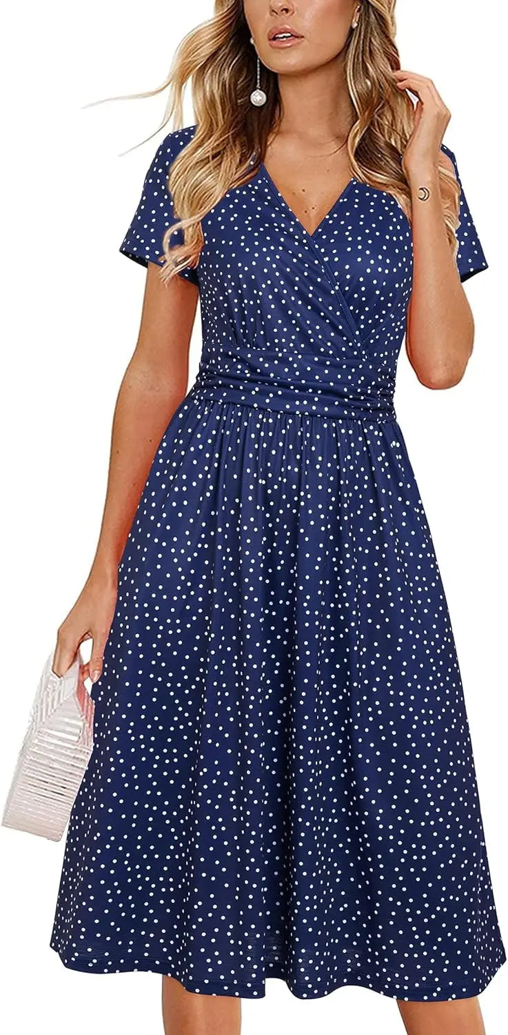 Women's Summer Wrap A-Line Midi Dress with Pocket and V-Neck