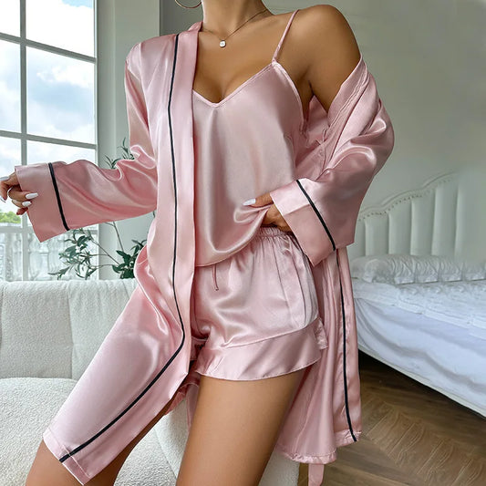 Summer outfits for women ice silk pajamas women, suspender shorts nightgown three-piece set summer comfortable loungewear shorts comfy pants sets