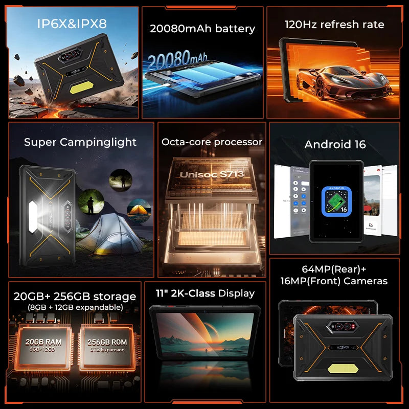 HOTWAV R9 Pro Max 5G Rugged Tablet 20080mAh Massive Battery 20W Fast Charging Android 16 Pad 11'' FHD+ 2K 120Hz Display 8GB RAM 256GB ROM/2TB Expansion 64MP+16MP+20MP Night Vision Tablet PC With Stylus Pen, OTG/GPS