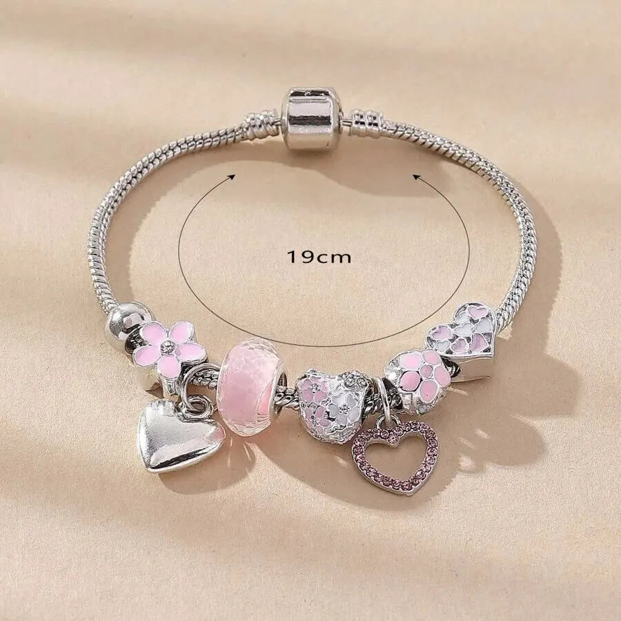 Love Heart Flower Glass Pendant Charm Bracelet Classic Pink White Crystal Stone Adjustable Bead Bracelet Silver Gold Color