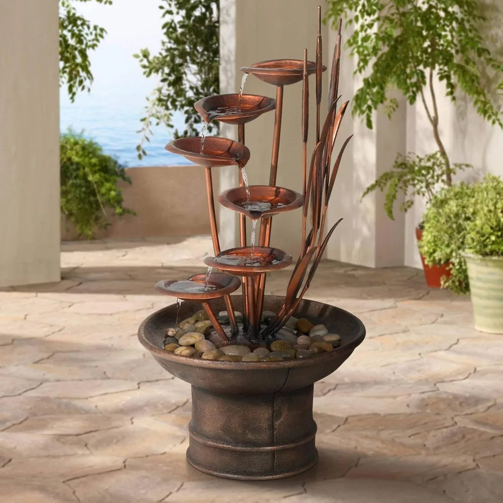 Ashton Water, Lilies and Cat Tails 33 High Large Asian Indoor Outdoor Decor Resin Floor Fountain Standing Waterfall Tiered Water