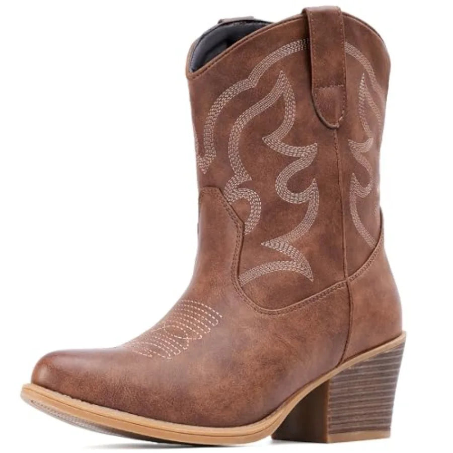 IXU Cowboy Boots for Women Wide Suede Ankle Western Cowgirl Boots Mid Calf Pointed Toe Short Chunky Classic Booties