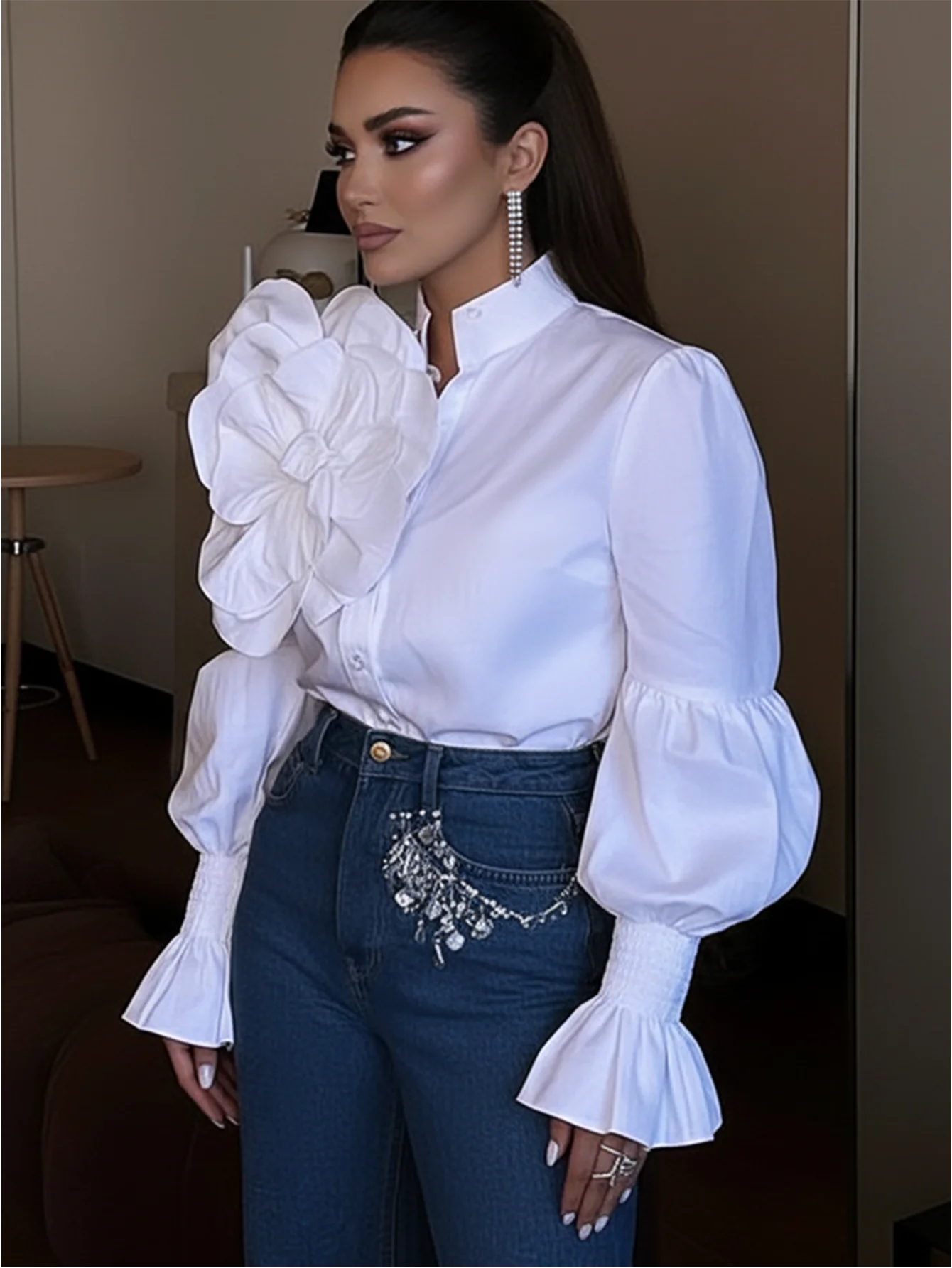 Women Stand Collar 3D Floral Puff Sleeve Blouse For Casual Streetwear Daily Outfit And Vacation Occasion