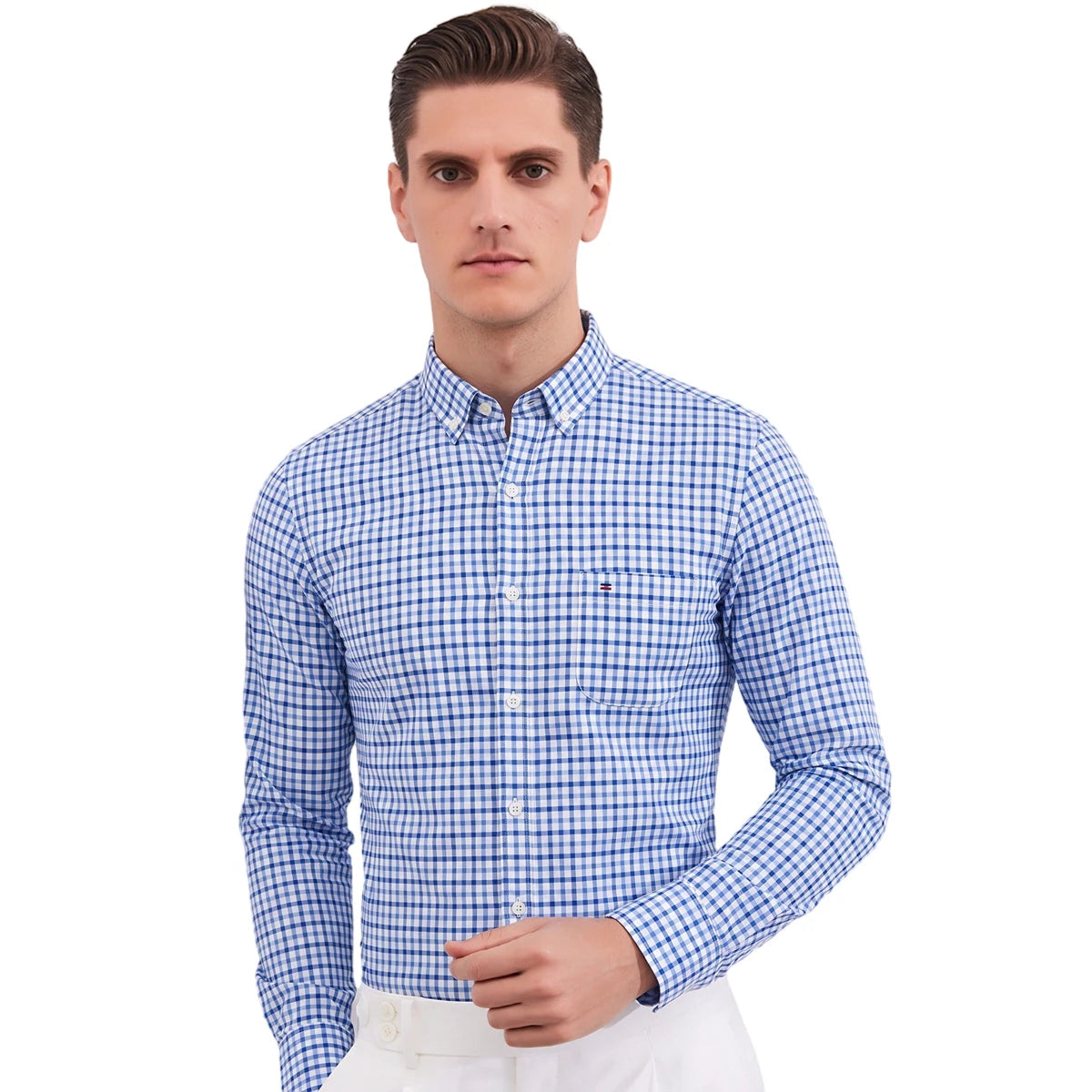 Men's Plaid Striped Button Down Shirts Spring Fall Cotton Long Sleeve Oxford Dress Shirts with Pocket