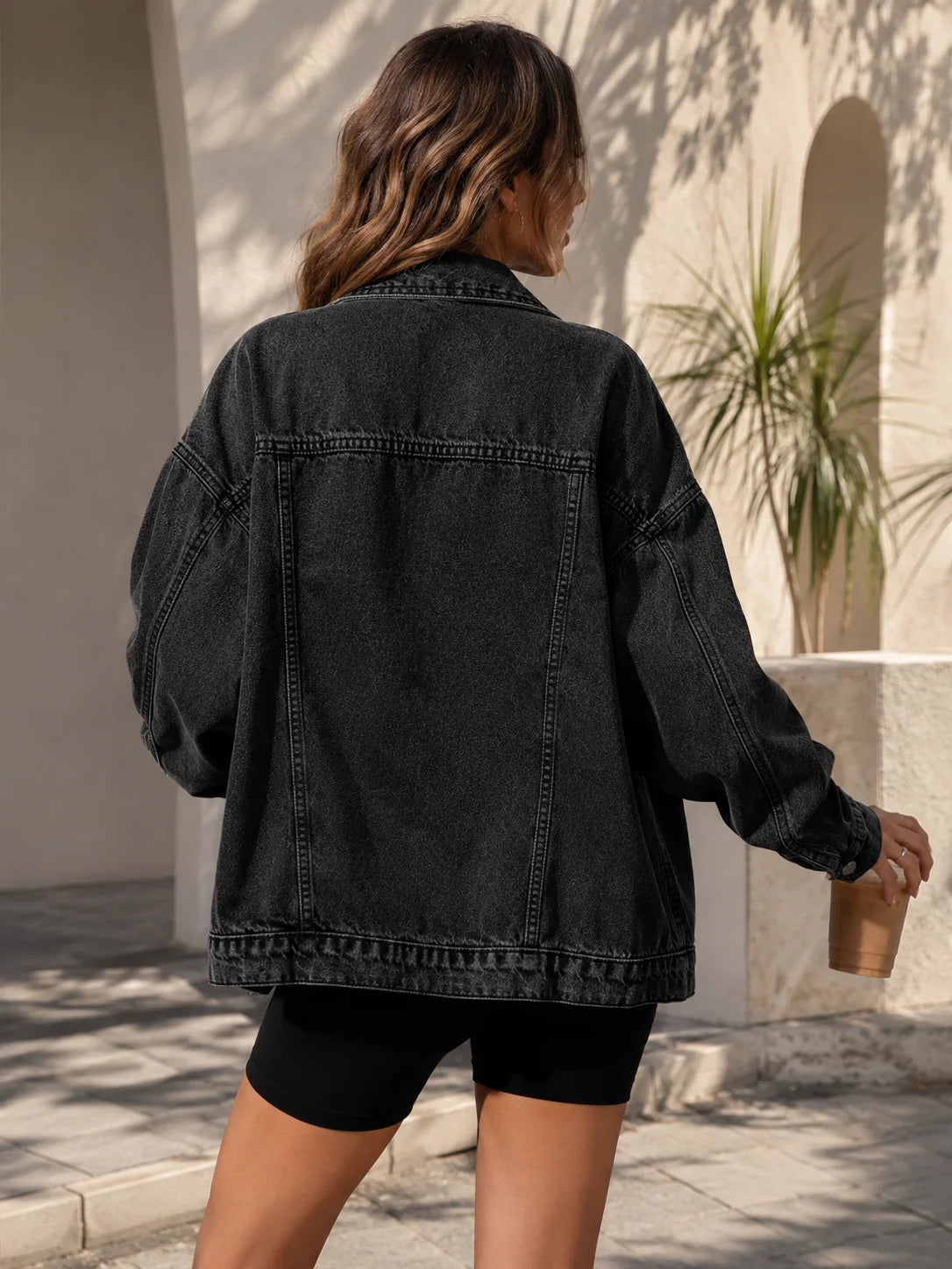 Women's Casual Loose Fit Drop Shoulder Long Sleeve Single-Breasted Denim Jacket, Autumn