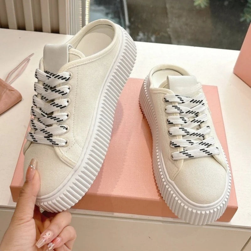 Spring Summer New Women's Genuine Leather Thick Sole Plain Color Letter Print Cookie Sneakers Casual All-Matching White Shoes