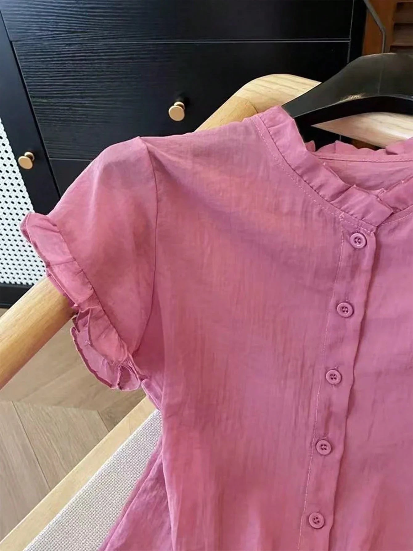 Women's Casual Pink Ruffled Collar Short Sleeve Button Up Blouse
