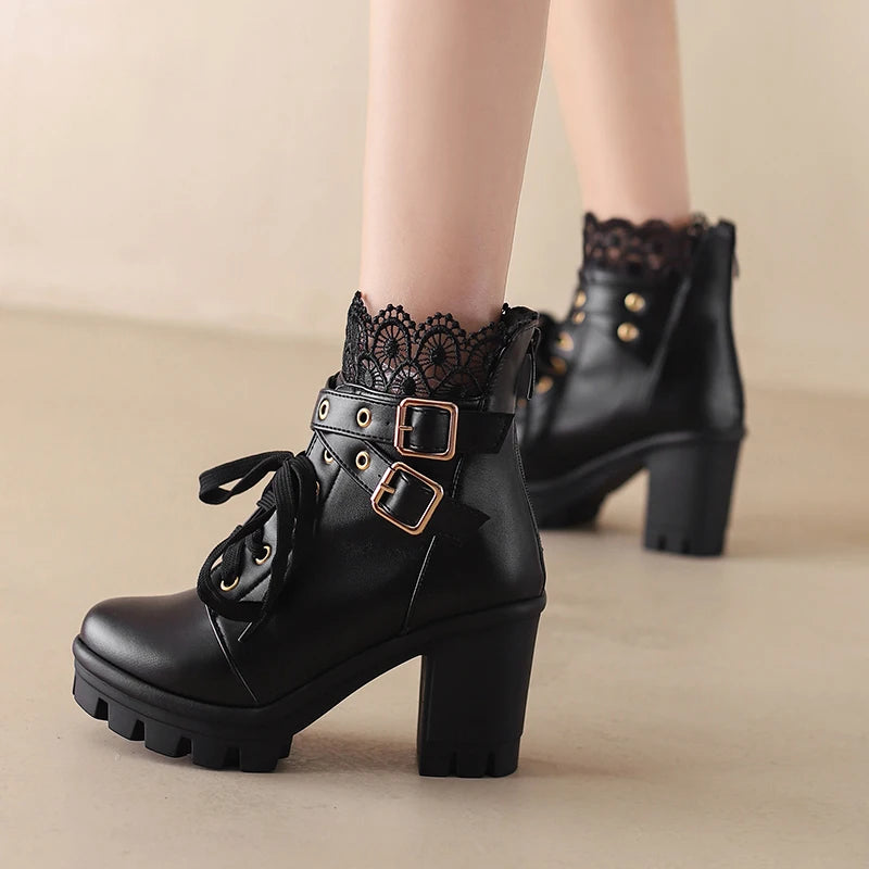 Goth Boots Women Platform Chunky Heel Buckle Lace Up Combat Booties