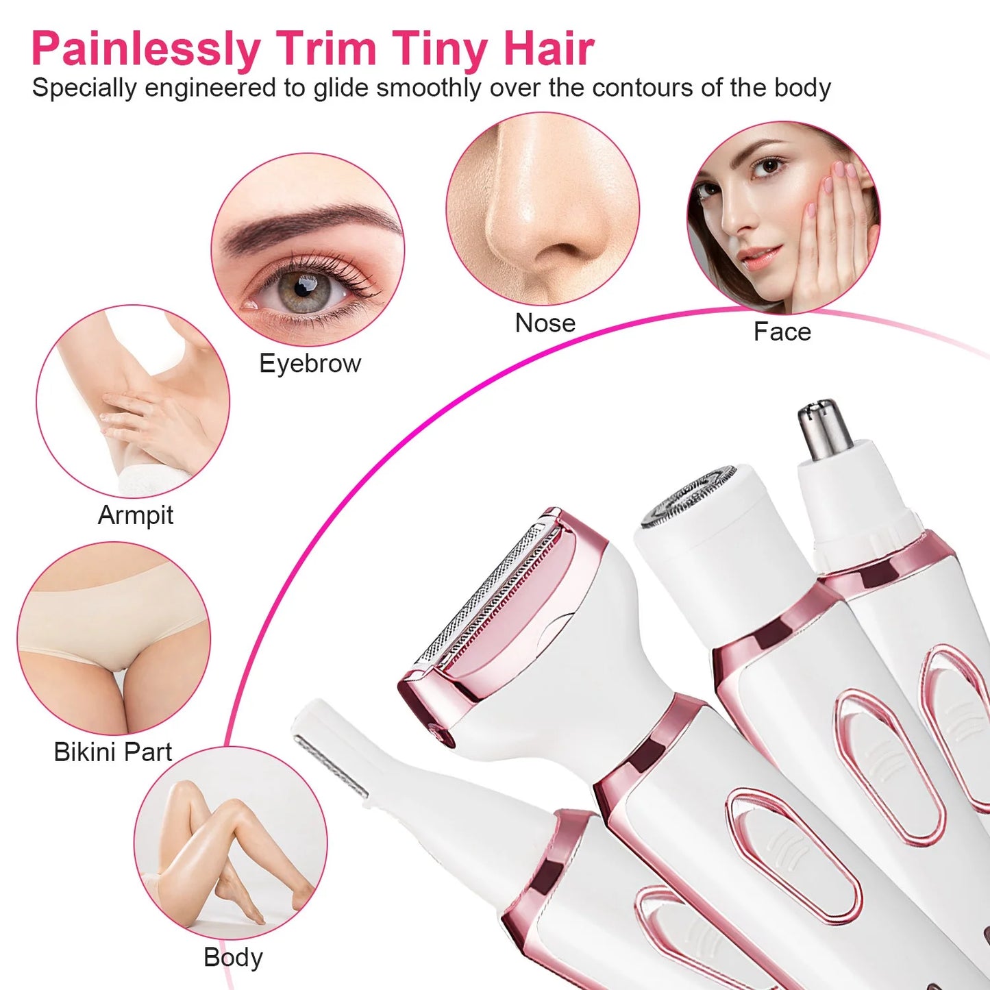 4-in-1 Electric Razor for Women - USB Rechargeable Painless Grooming Kit, Wet & Dry Trimmer for Eyebrow, Nose, Bikini, Legs & Face, Rose Pink, Portable Travel Epilator, Waterproof Hair Removal Tool for Sensitive Skin, All-in-