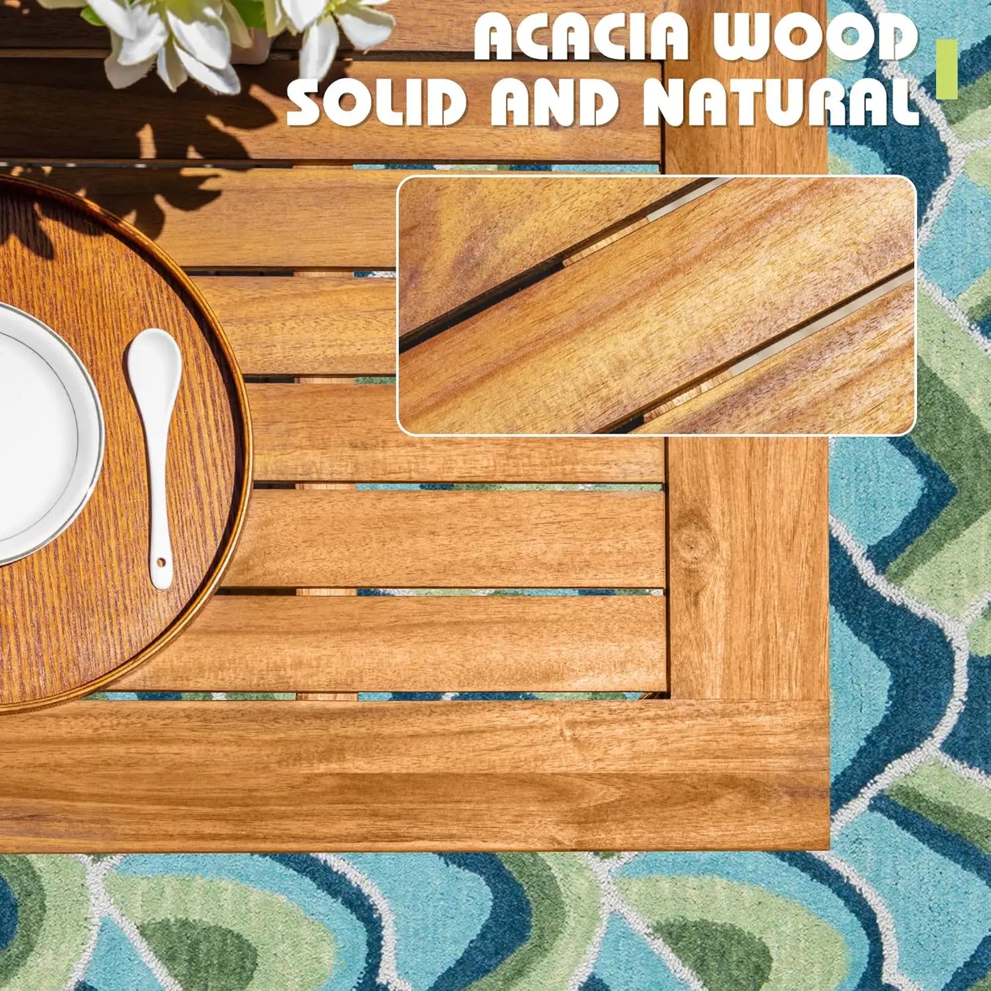 5 Piece Acacia Wood Outdoor Dining Set with Soft Cushions for Deck Backyard Garden, Custom