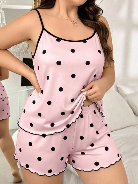 Pink Polka Dot Camisole And Shorts Pajama Set Women Sleepwear Lounge Wear