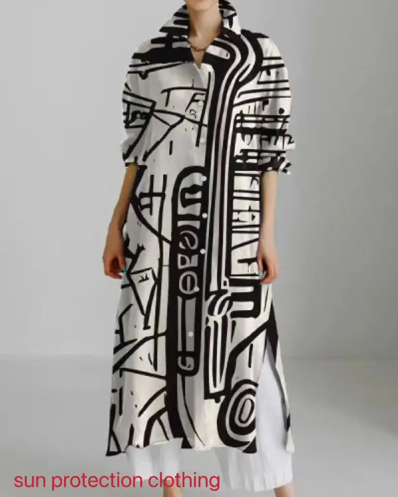 Plus size black and white graffiti print long shirt sun protection cardigan; lapel button-up side slit loose three-quarter sleeve sun protection cardigan long