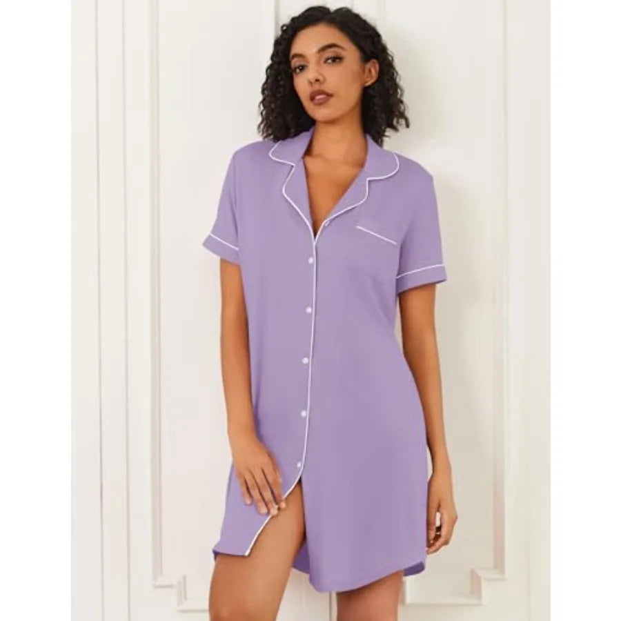 Ekouaer Nightgowns for Women Bamboo Viscose Sleep Shirts Button Down Night Shirt Short Sleeve Boyfriend Pajama Dress
