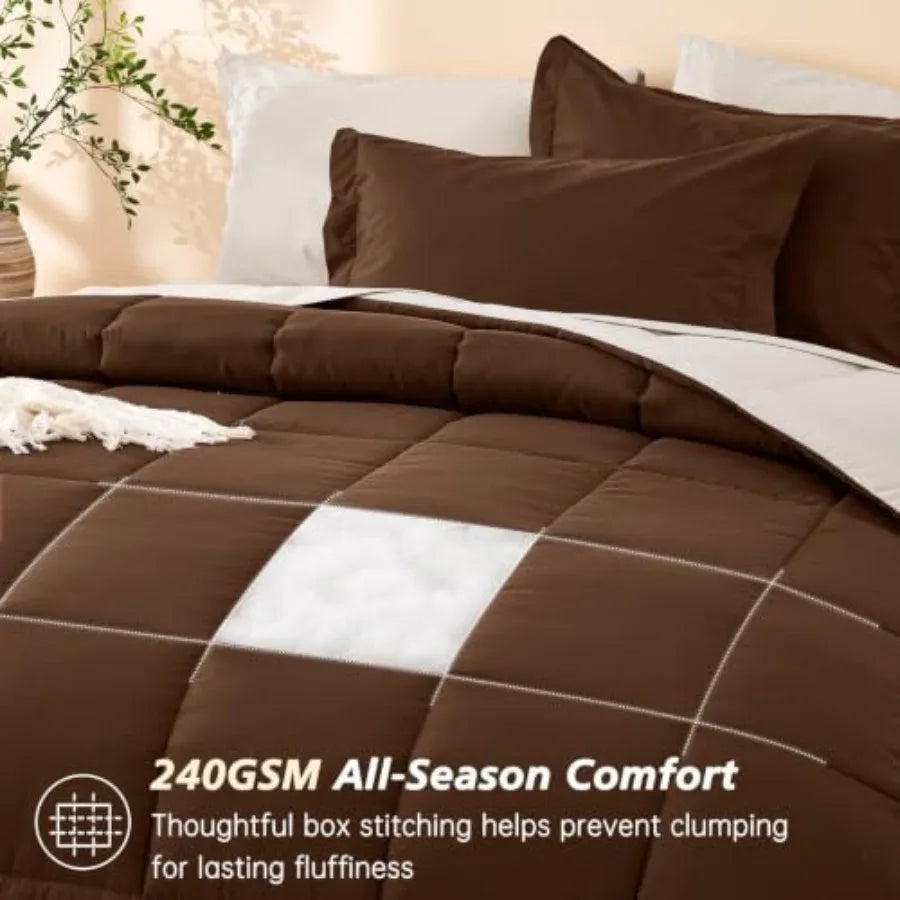 7 Pieces Brown Comforter Set Queen Size, Reversible Bed in a Bag Queen, All Season Bedding Set with Comforter, Flat and Fitted