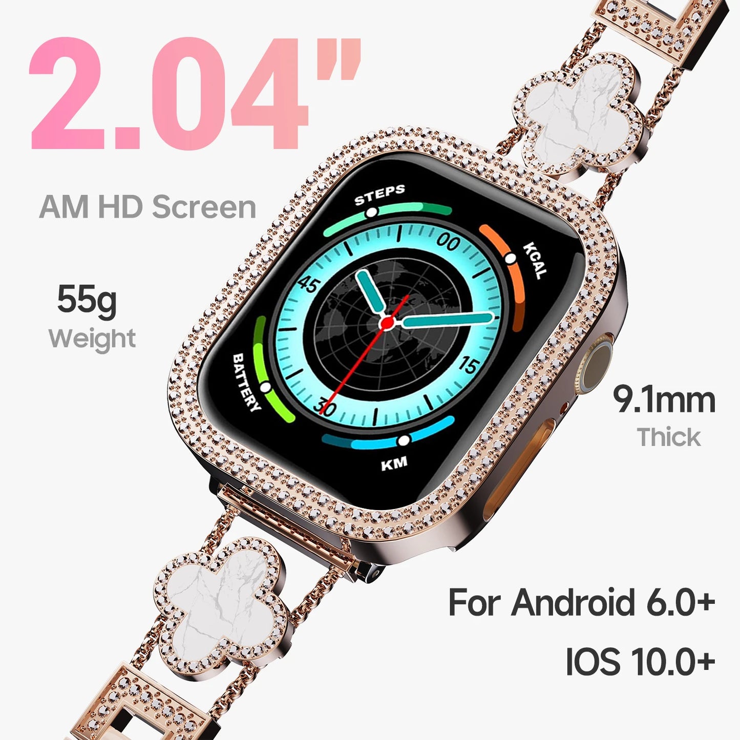 Women Luxury Smartwatch with Sparkling Rhinestones & Metal Wristband, Interchangeable Straps. Features BT Calling, Heart Rate Tracking, Wireless Charging, 110+ Exercise Modes, 3ATM Waterproof, AMOLED Touchscreen, 7-Day Batter