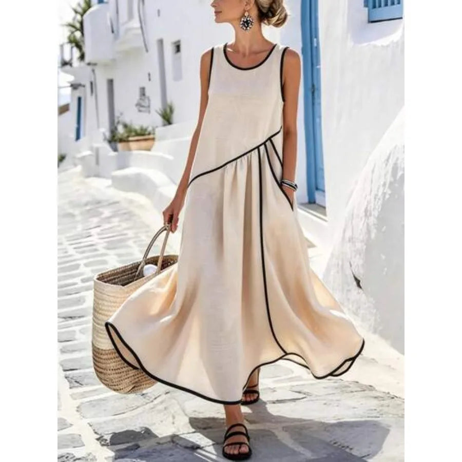 【New style】 Holidaya Women's Casual Vacation Contrast Trim Single Pocket Dress, Casual Long Dress, Spring/Summer Dress Women Va