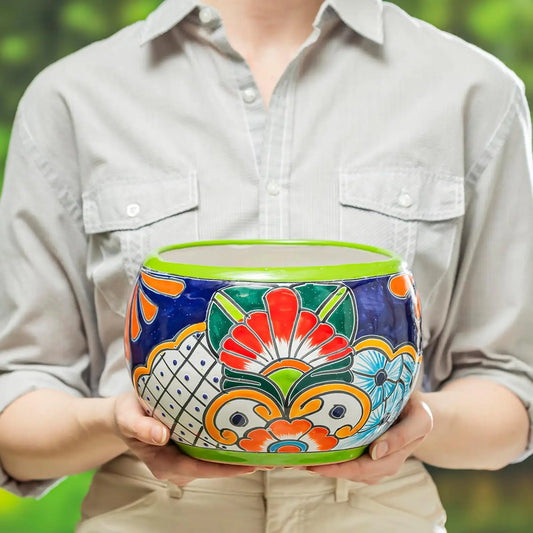 Indoor/Outdoor, Ceramic, Green, Talavera Mexican Pottery Flower Pot for Succulents