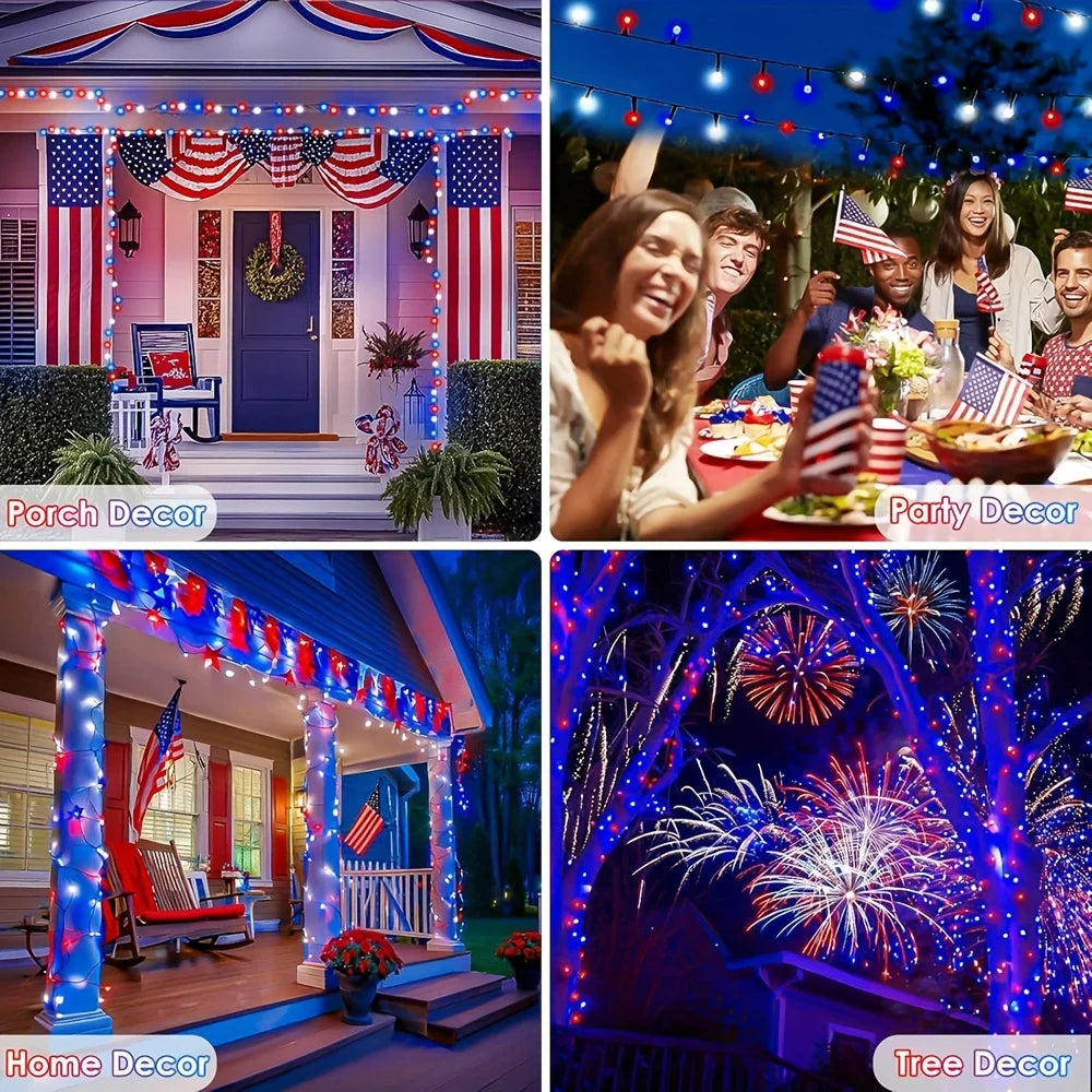 Red Blue LED Solar String Lights July 4Th Holiday Ambient Lights for Independence Day,  for Birthday Party, Holiday Party, BBQ Party, Wedding, Fami