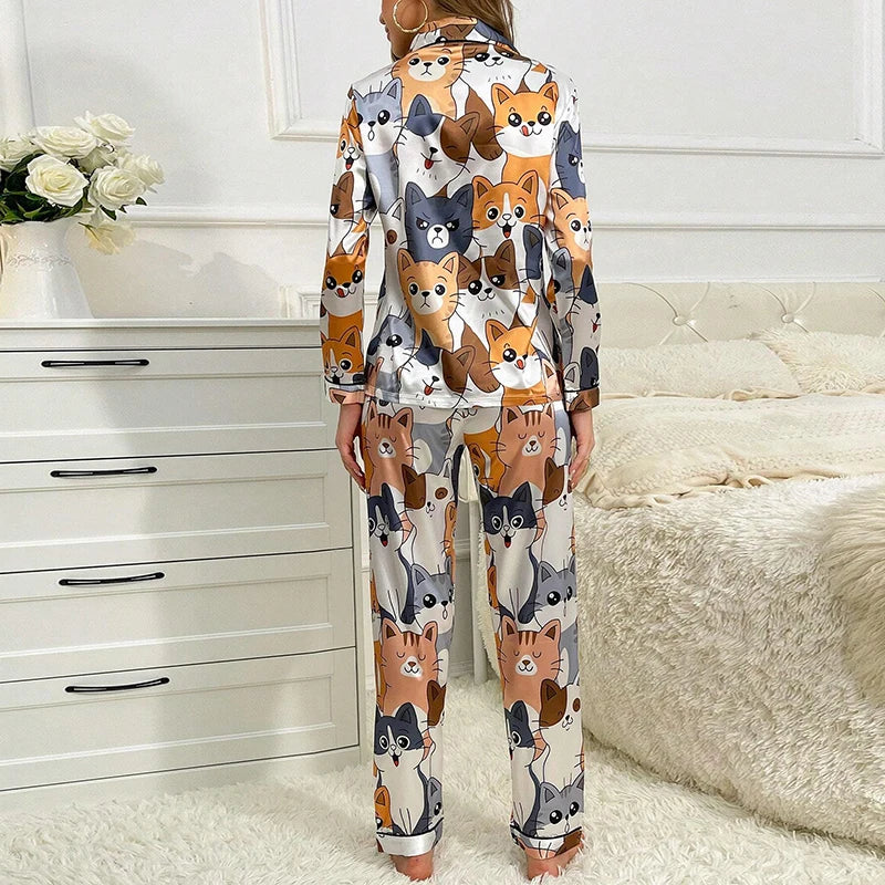 Satin Cute Cat Print Pajama Set | Long Sleeve Lapel Top & Pants Luxury Women Fall Sleepwear