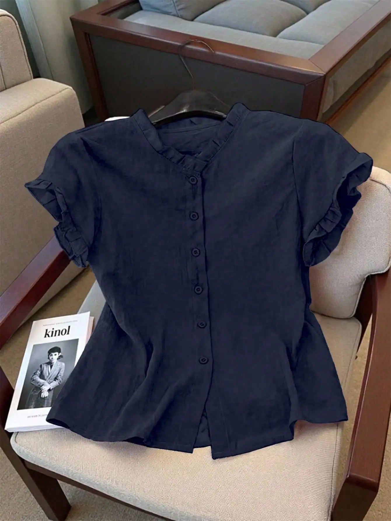 Women's Casual Pink Ruffled Collar Short Sleeve Button Up Blouse