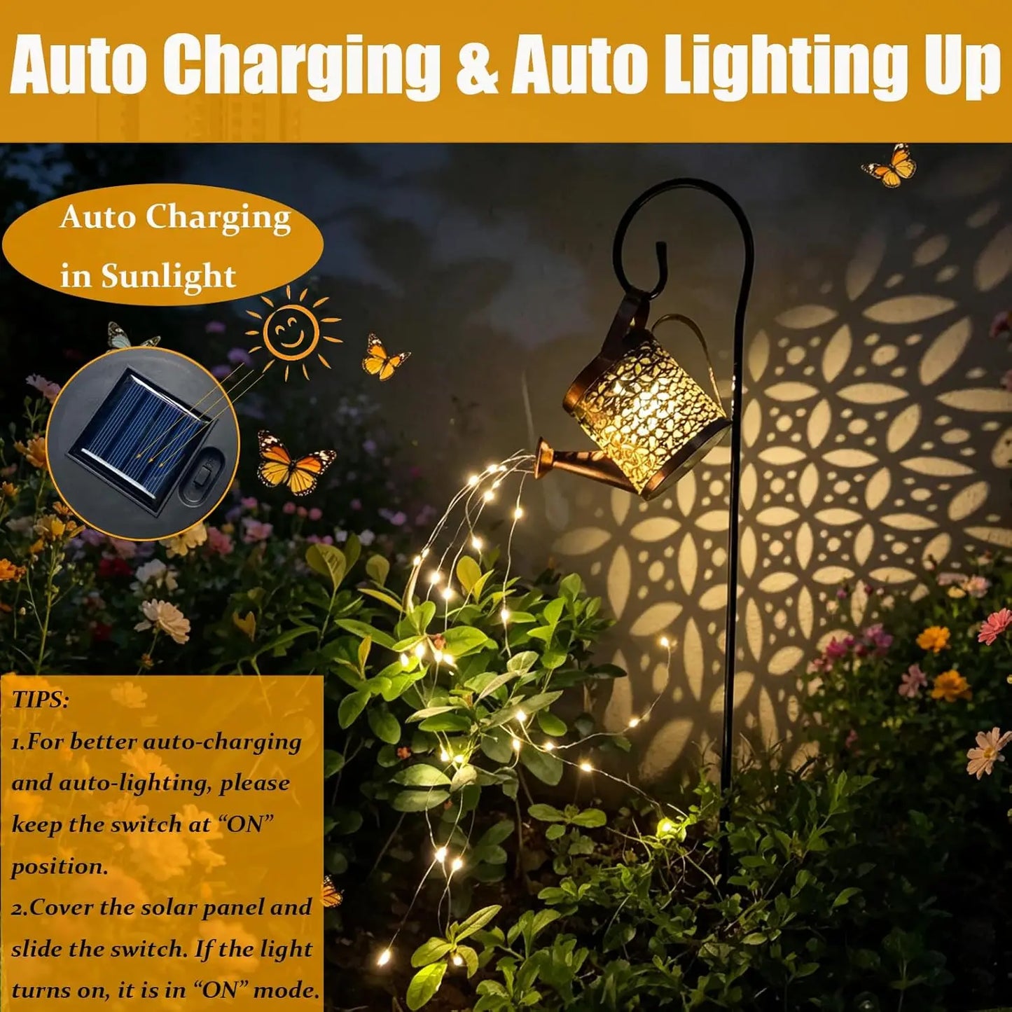 2PCS solar watering pot lights, outdoor garden lights, garden plant decorations, solar waterproof retro metal strip light brackets, suitable for terrace and walkway lighting decoration, and can also be used as garden gifts