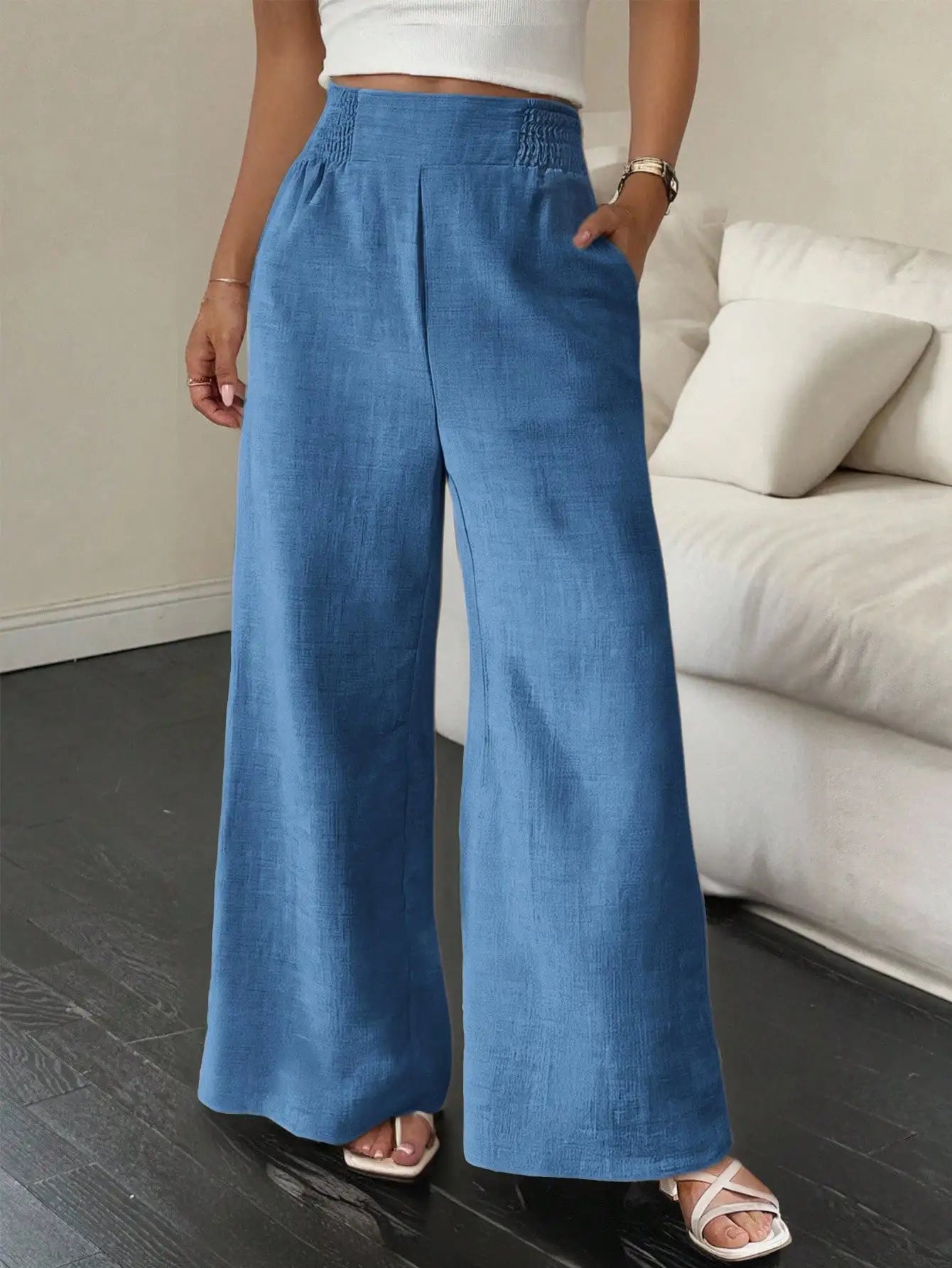 Wide Leg Loose Casual Pants Women High Waist Elastic Waist Summer