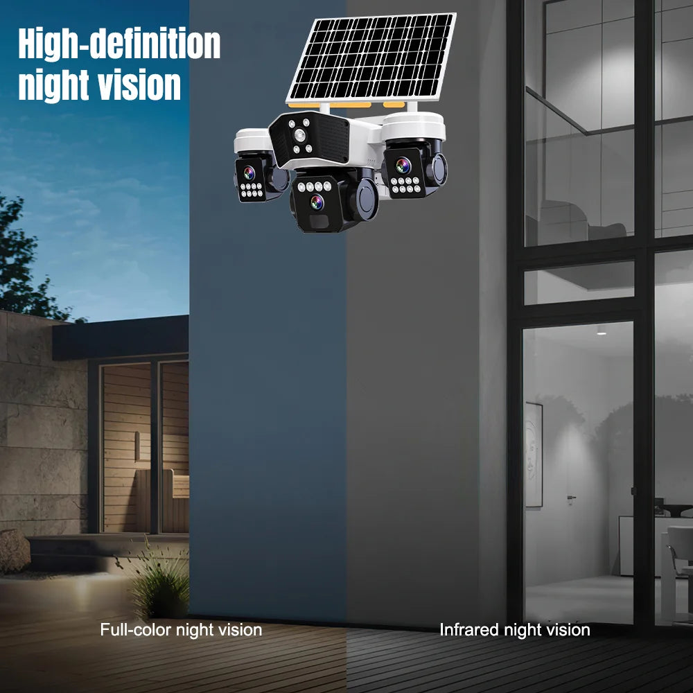 6MP Three Lens Solar Security Camera Wireless WiFi Outdoor PTZ Camera 3 Screen Full Color Night Vision Motion Detection Sound Light Alarm IP66 Waterproof Surveillance Cam