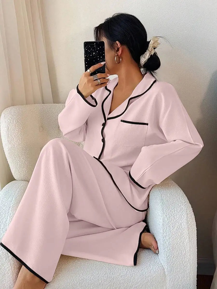 Womens Contrast Trim Lapel Loose Long Sleeve Pajama Set Light Green Sleepwear Lounge Wear