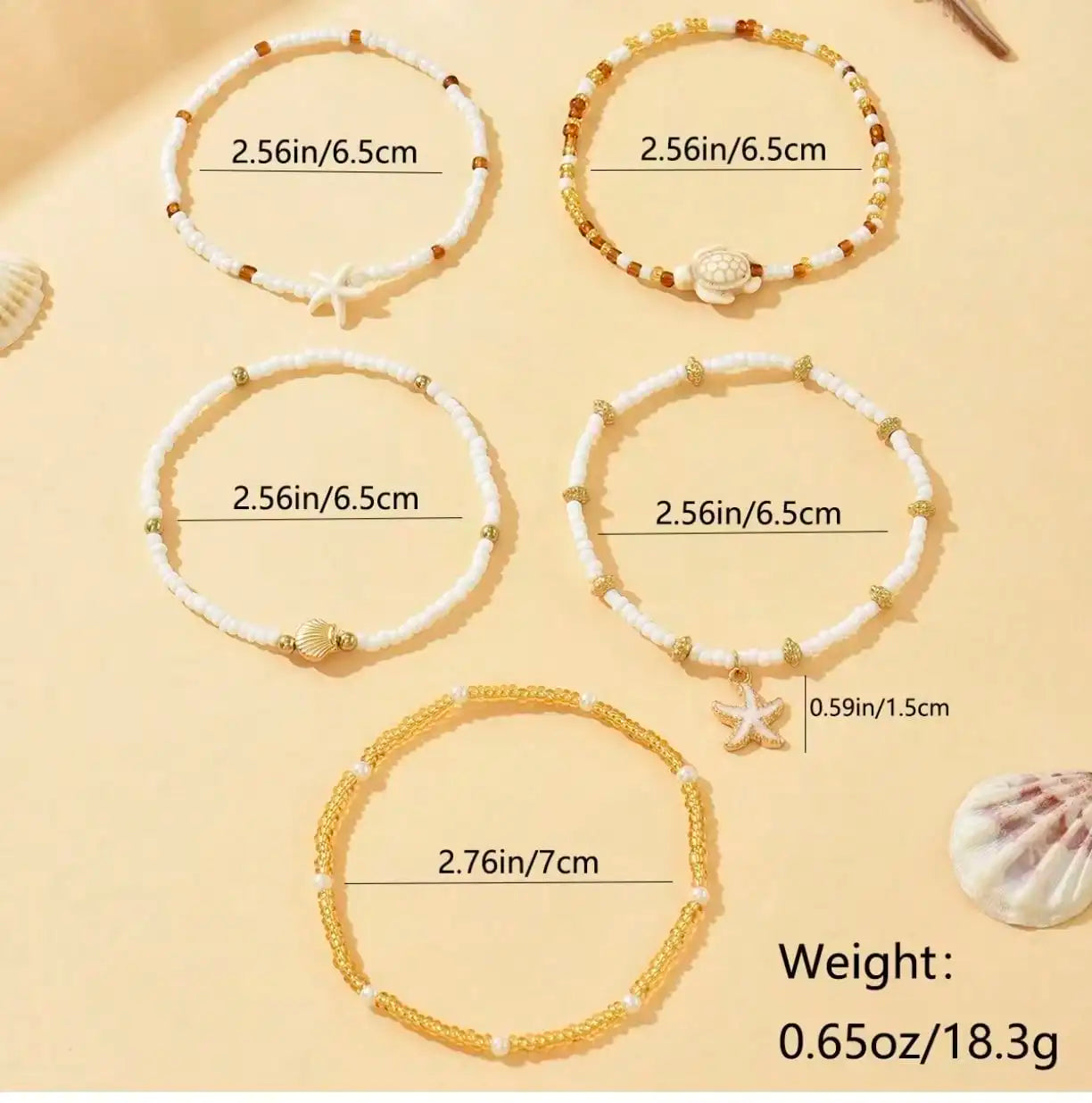 5pcs/Set Summer Bohemian Ocean Style Beaded Chain Anklet, Alloy Fish Tail Decor Foot Jewelry Women, Suitable Daily Wear And Beach Party, Shape, Size And Surface Pattern Of Shells Are Random I2MC