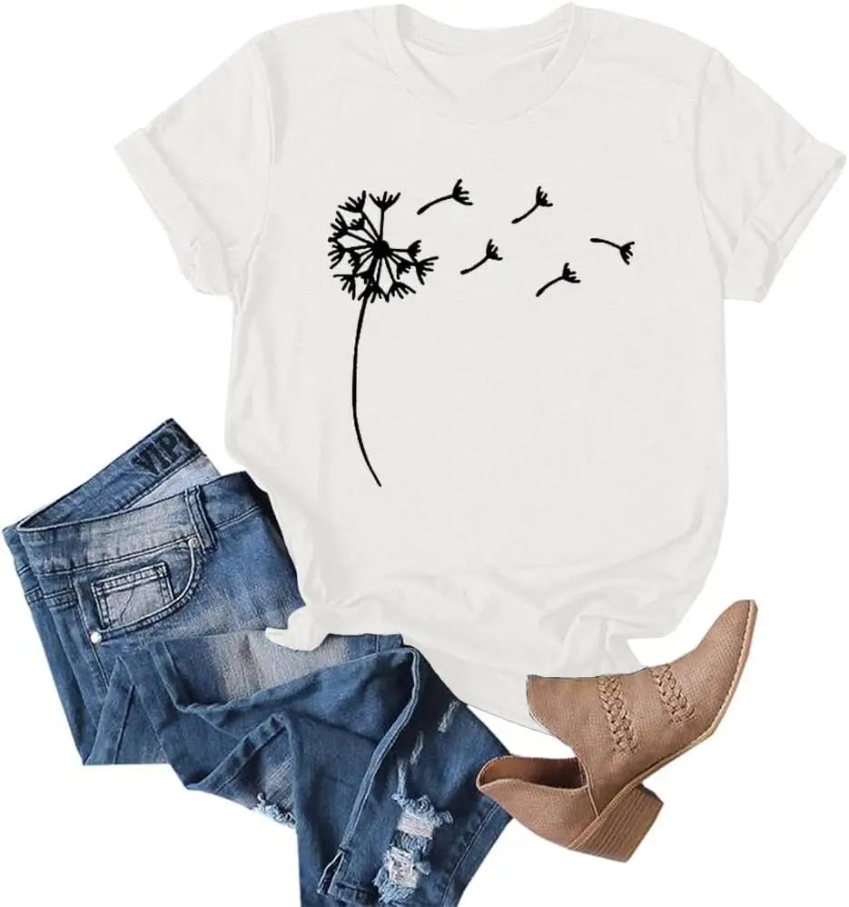 Women's Dandelion Print T Shirts Cute Graphic Tees Short Sleeve Summer Cotton Tee Tops