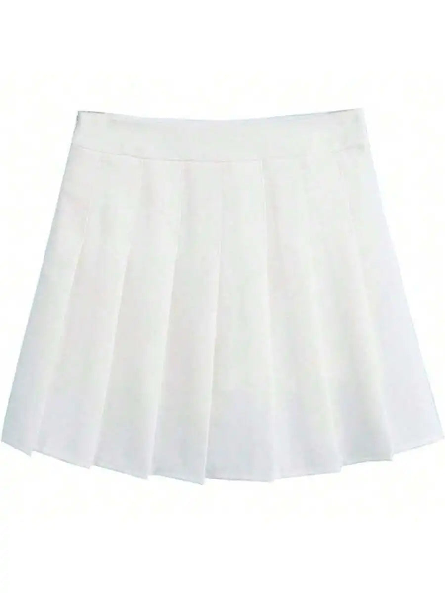 Womens High Waist A-Line Pleated Mini Skirt Solid Color Polyester