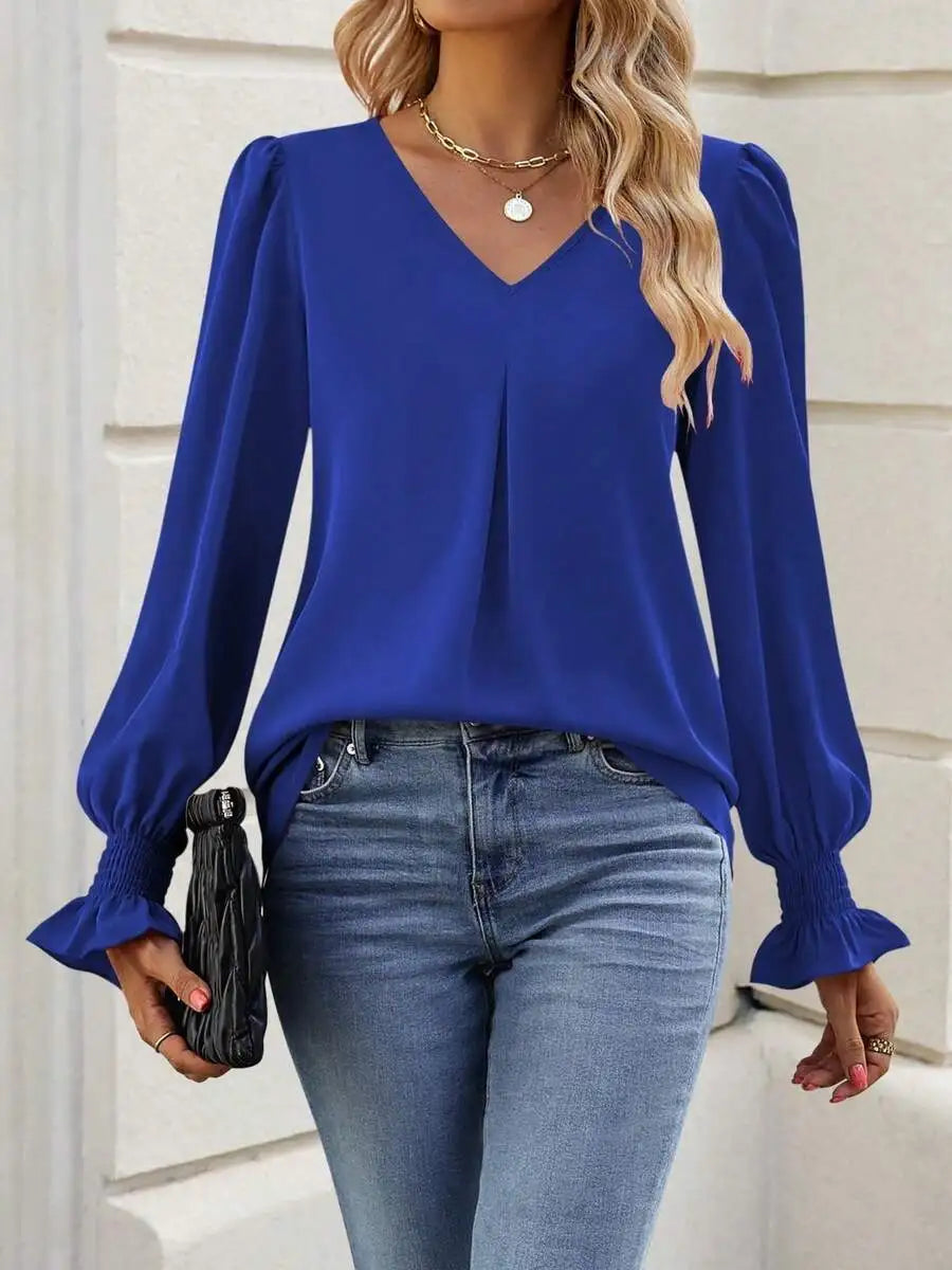 Womens Long Sleeve V Neck Loose Chiffon Blouse Casual Elegant Tunic Top