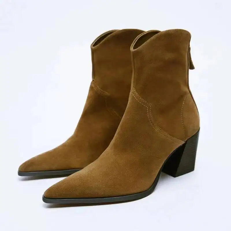 2026 Suede Leather Women's Pointed Toe Zippered Western Cowboy For Women Ankle Bootsblock Heel Work Boots Female Shoes