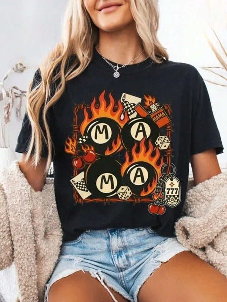 Western Mama T-Shirt: Retro 8 Ball & Cherry Dice Women's T Shirts , Unisex Graphic T Shirts, Funny T-Shirt
