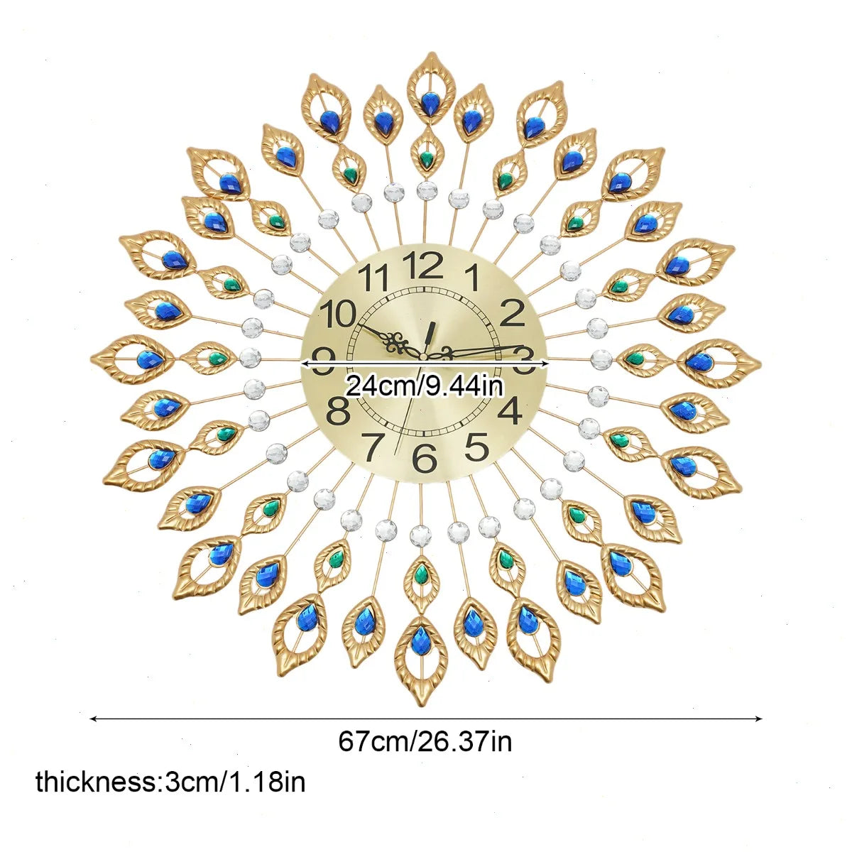 Wall Clock, Peacock Feather Design, 67x67cm  Large, Silent Quartz Movement, Iron Metal Frame, Acrylic, for Living Room, Bedroom, Office, Home Decoration, No Ticking