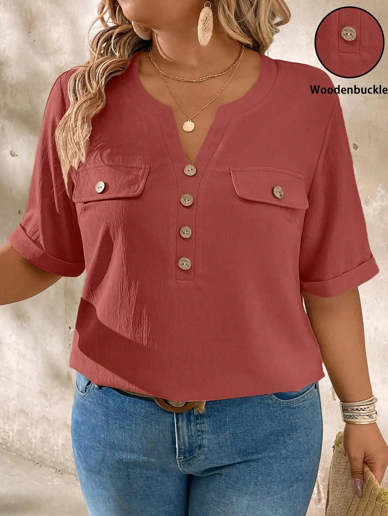 Casual V-Neck Short Sleeve Shirt With Wood Buttons