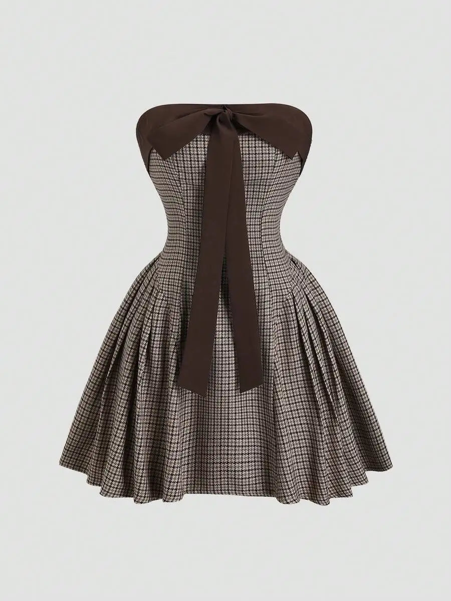 Vintage Houndstooth Strapless Bowknot Mini Dress Red And White Casual