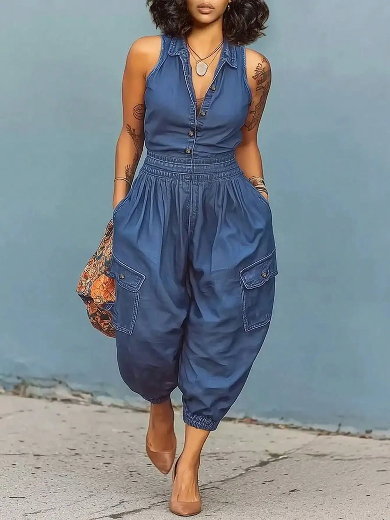 GLOURI Women's Barrel Denim Jumpsuits, Sleeveless Front Button Down High Rise Elastic Waist Wide Leg Jean Overalls, Casual Weekend Daily Outfits, One Piece Jean Streetwear Rompers for Women