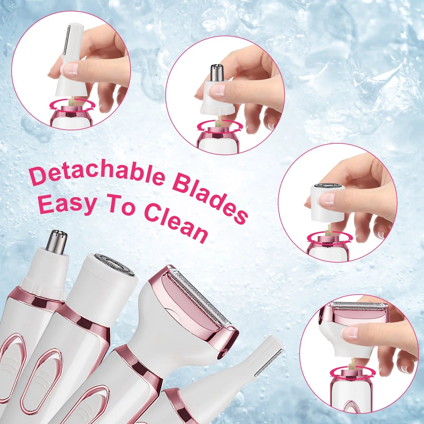 4-in-1 Electric Razor for Women - USB Rechargeable Painless Grooming Kit, Wet & Dry Trimmer for Eyebrow, Nose, Bikini, Legs & Face, Rose Pink, Portable Travel Epilator, Waterproof Hair Removal Tool for Sensitive Skin, All-in-