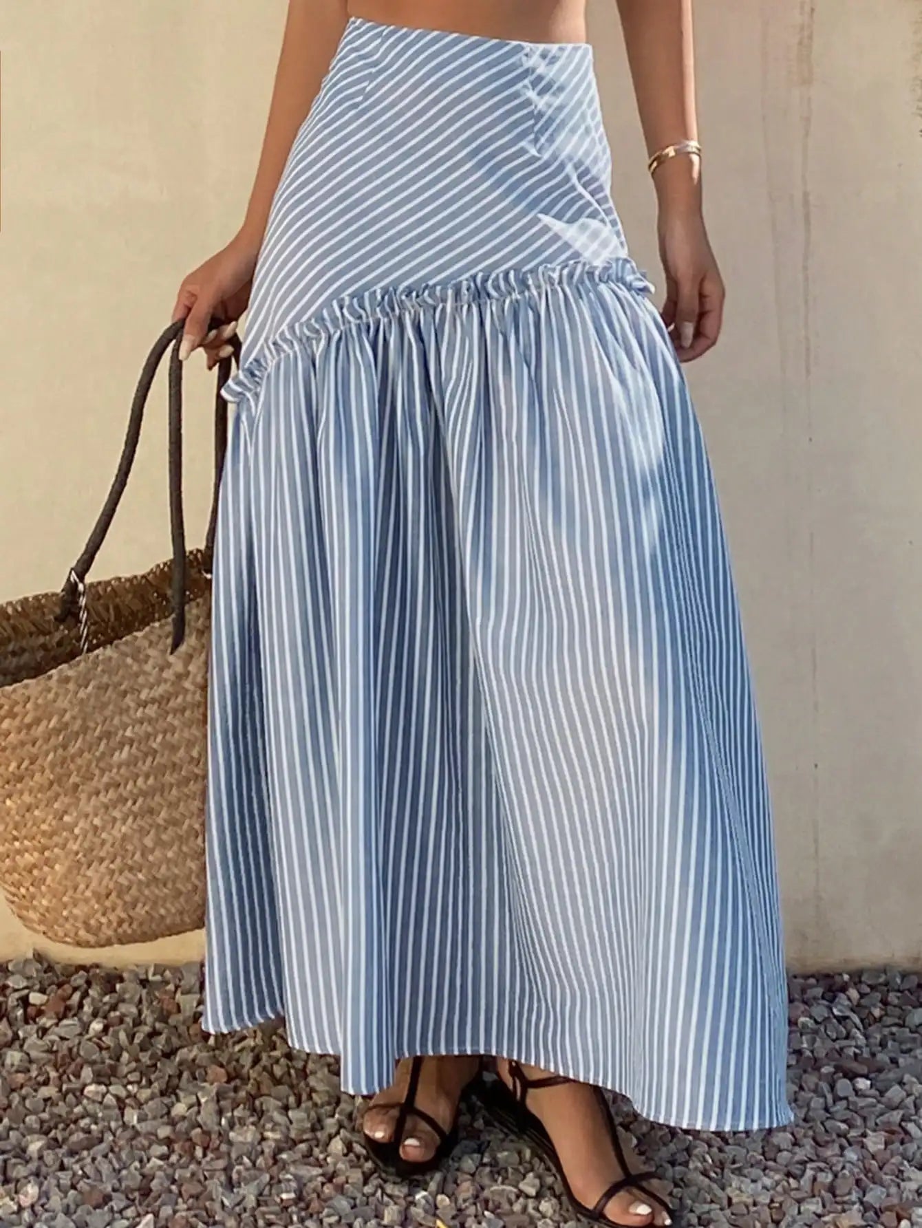 Livesso Loose Casual Vacation Style Beach Fashion Design Frill Asymmetric Striped Print High Waist Women Skirt, Spring/Summer