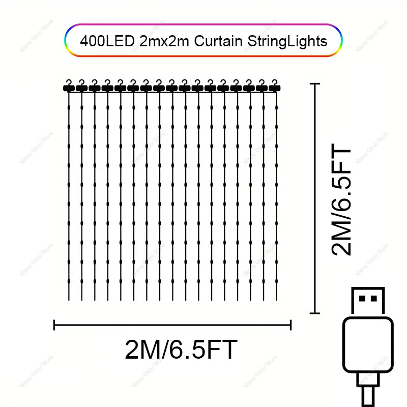 2m*2m/3m Smart Curtain Lights Bluetooth App LED String RGB Fairy Lights DIY Music Change Display for Window Bedroom Decoration